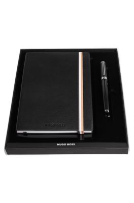 Black A5 notebook and brass fountain pen set, Black
