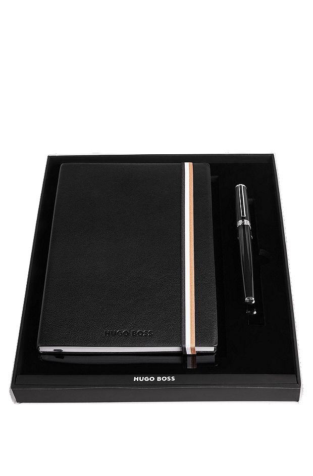 Black A5 notebook and brass fountain pen set, Black