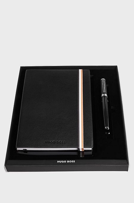 Black A5 notebook and brass fountain pen set, Black