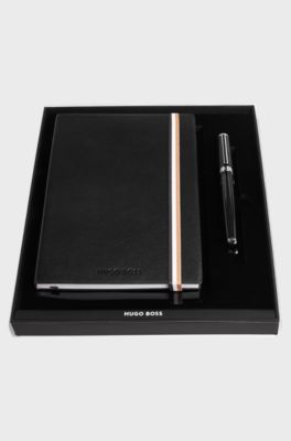 Black A5 notebook and brass fountain pen set, Black
