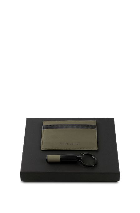 Gift-boxed card holder and key ring set, Khaki