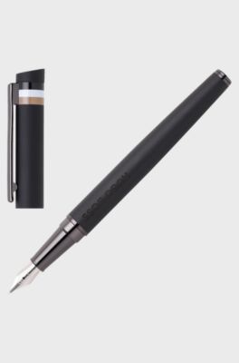 Stylo-plume noir &agrave; logo avec capuchon &agrave; rayures embl&eacute;matiques, Noir