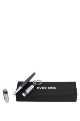 Gunmetal key ring and rollerball pen set, Grey