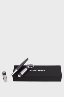 Gunmetal key ring and rollerball pen set, Grey