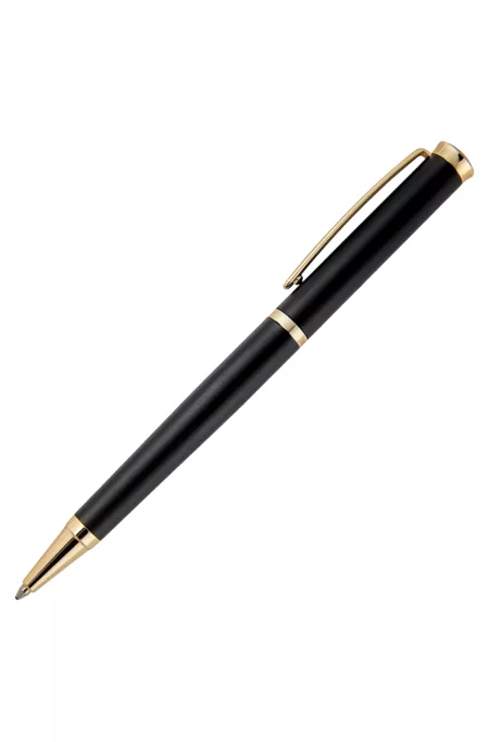 Matte-black ballpoint pen with gold-tone accents