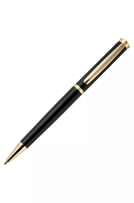 Matte-black ballpoint pen with gold-tone accents