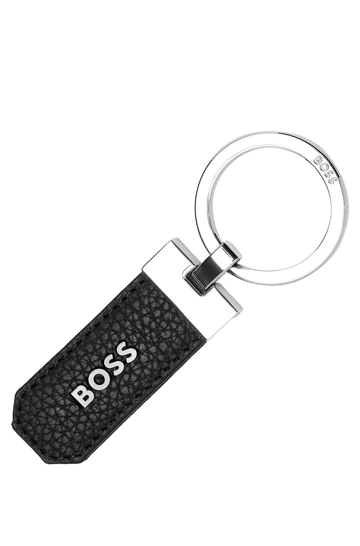 Logo key ring in black grained leather and brass, Black