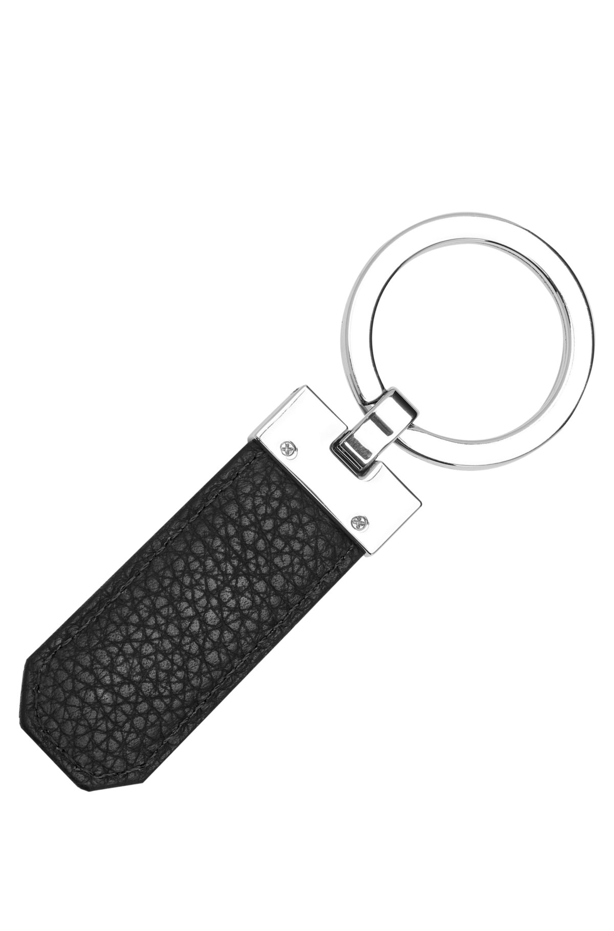 Logo key ring in black grained leather and brass, Black