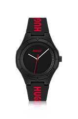 Matzwart horloge met siliconen logoband, Zwart
