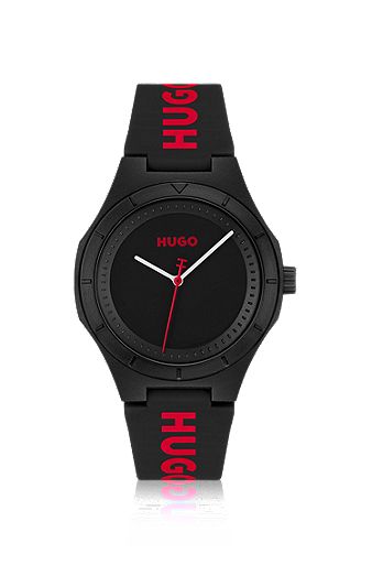 Matzwart horloge met siliconen logoband, Zwart