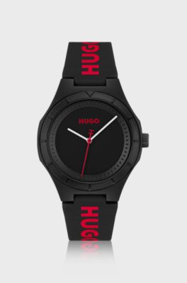Matte-black watch with branded silicone strap, Black