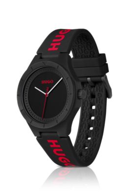 Matte-black watch with branded silicone strap, Black