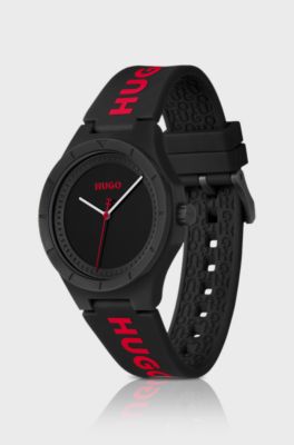 Matte-black watch with branded silicone strap, Black