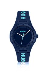 Matblauw horloge met siliconen logoband, Blauw