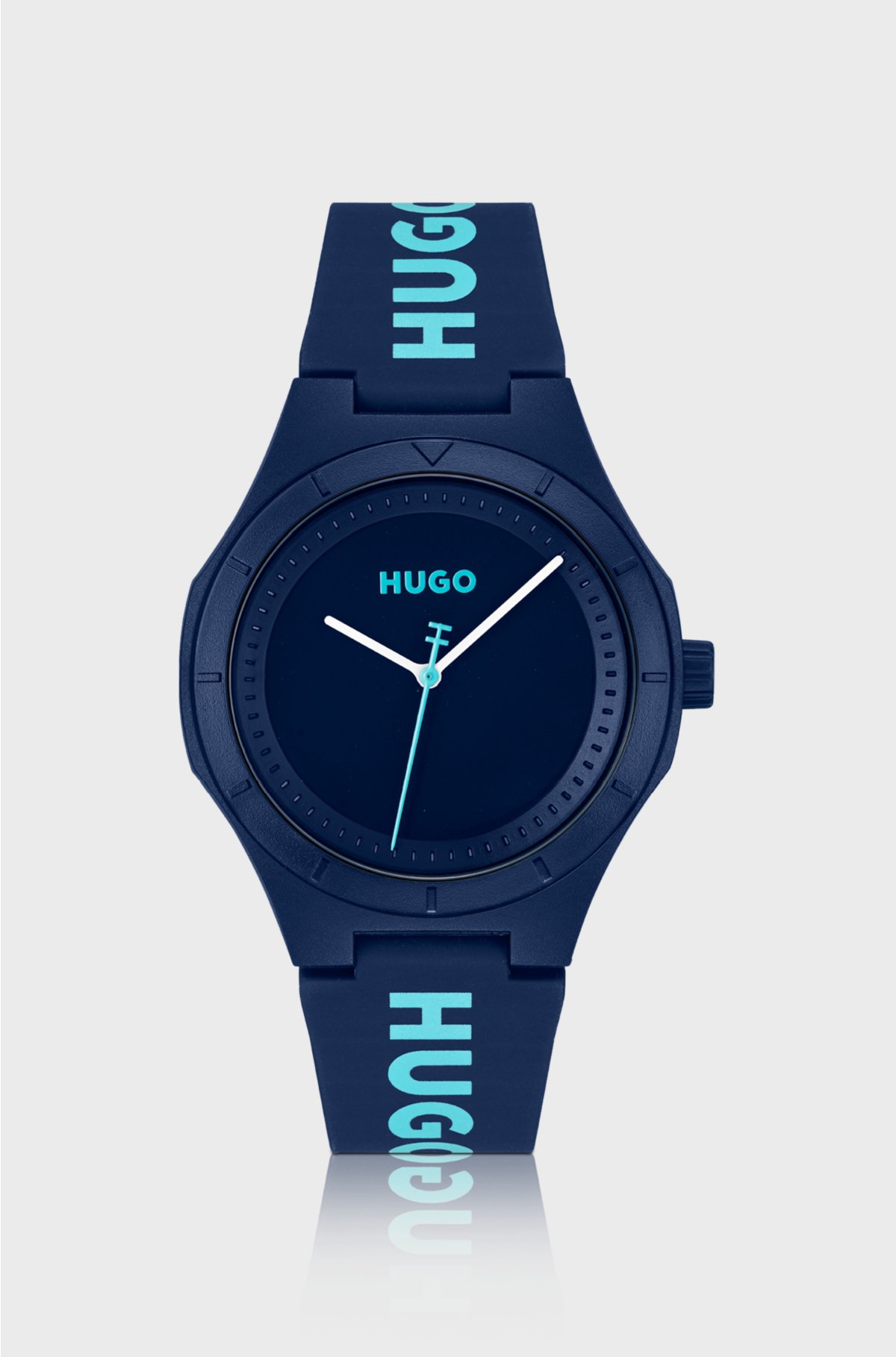 Matte-blue watch with branded silicone strap, Blue