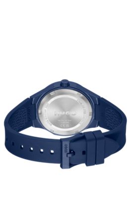 Matblauw horloge met siliconen logoband, Blauw