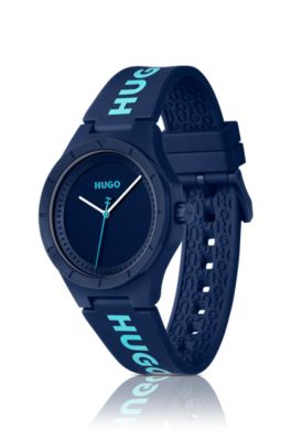 Matblauw horloge met siliconen logoband, Blauw