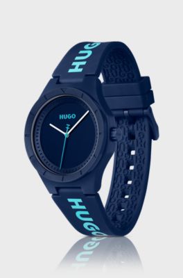 Matte-blue watch with branded silicone strap, Blue
