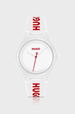 Mattwei&szlig;e Uhr mit Logo auf dem Silikonarmband, Wei&szlig;