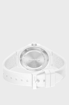 Mattwei&szlig;e Uhr mit Logo auf dem Silikonarmband, Wei&szlig;