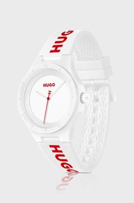 Mattwei&szlig;e Uhr mit Logo auf dem Silikonarmband, Wei&szlig;