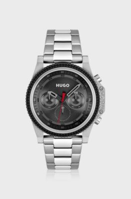 Link-bracelet watch with silicone bezel and black dial, Silver