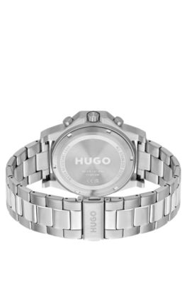 Link-bracelet watch with silicone bezel and black dial, Silver