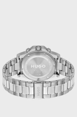 Link-bracelet watch with silicone bezel and black dial, Silver