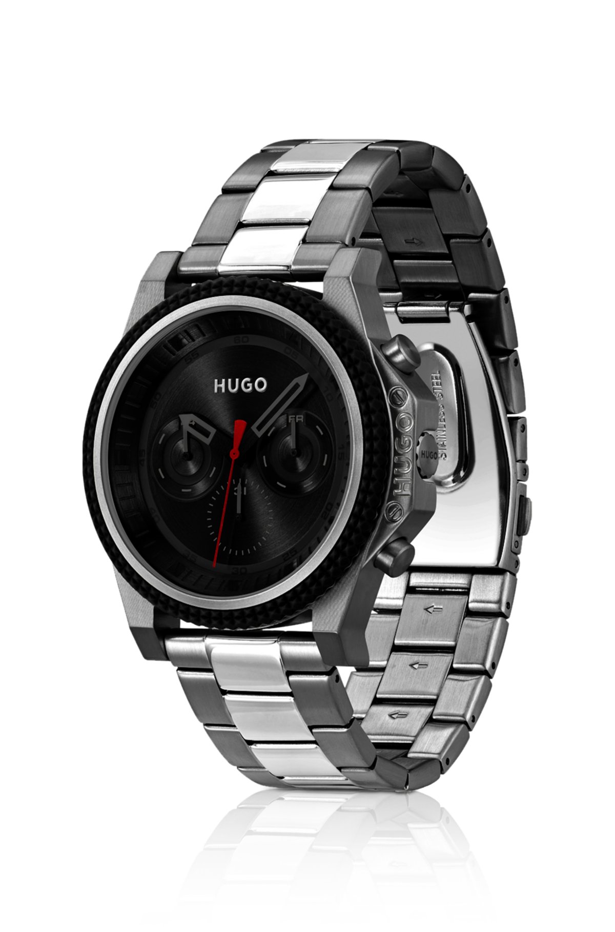 Link-bracelet watch with silicone bezel and black dial, Silver