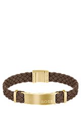 Bracelet tressé en cuir suédé marron avec plaquette logo, Marron