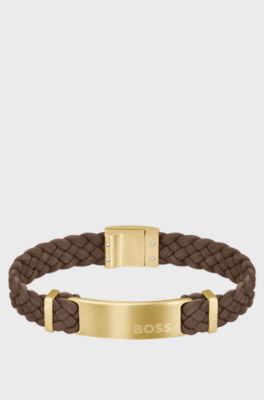 Brown-suede braided cuff with logo plate , Brown