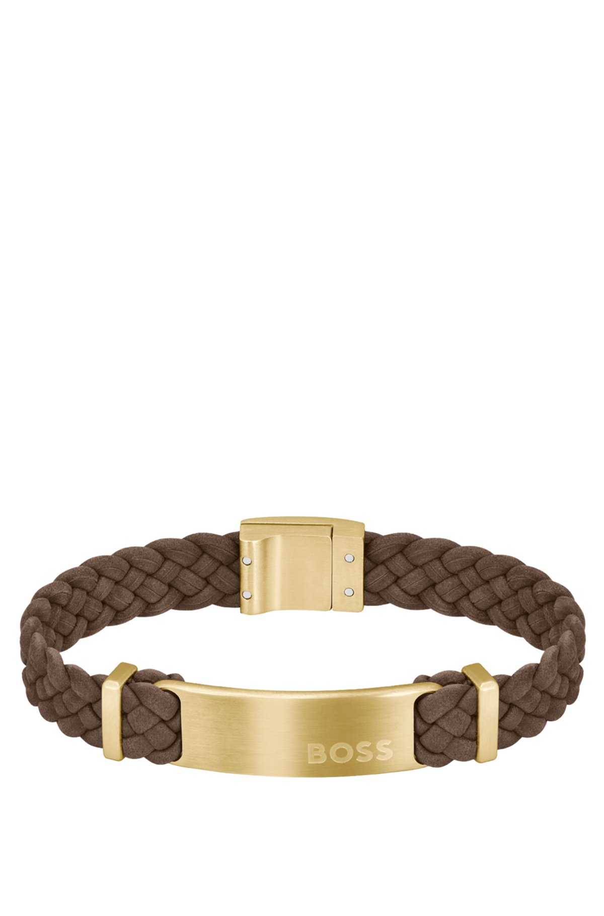 Brown-suede braided cuff with logo plate, Brown