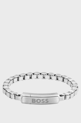 Silver-tone box-chain cuff with branded closure, Silver tone