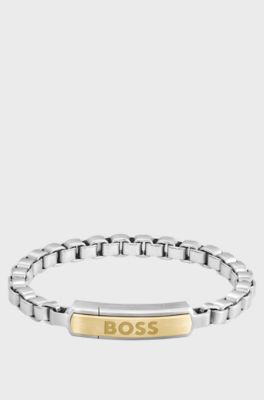 Box chain cuff with logo plate, Silver tone