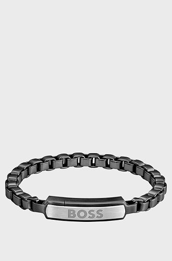 Black-steel box-chain cuff with branded closure, Silver tone