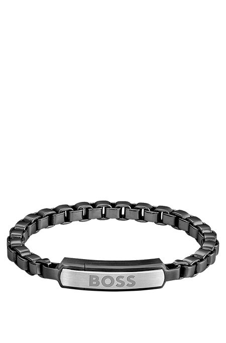 Black-steel box-chain cuff with branded closure, Silver tone