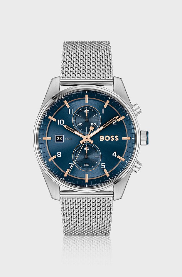 Mesh-bracelet chronograph watch with blue dial, Silver