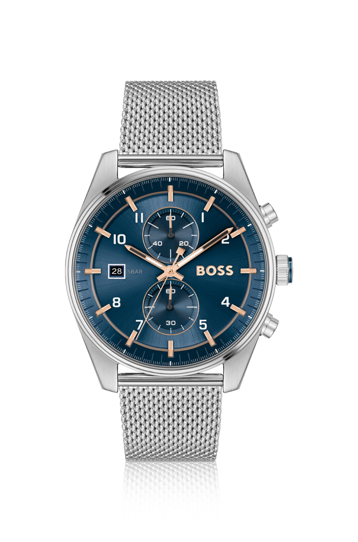 Mesh-bracelet chronograph watch with blue dial, Silver