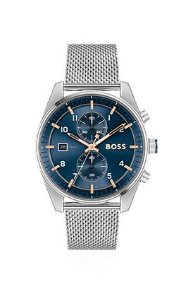 Mesh-bracelet chronograph watch with blue dial