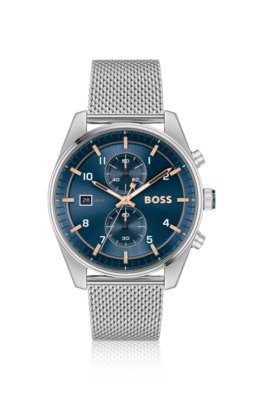 Montre chronographe avec cadran bleu et bracelet en maille milanaise