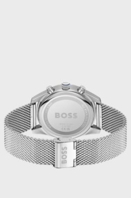 Cronografo con quadrante blu e bracciale maglia mesh, Argento
