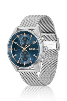 Mesh-bracelet chronograph watch with blue dial, Silver