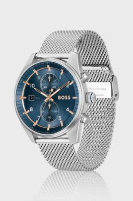 Mesh-bracelet chronograph watch with blue dial, Silver