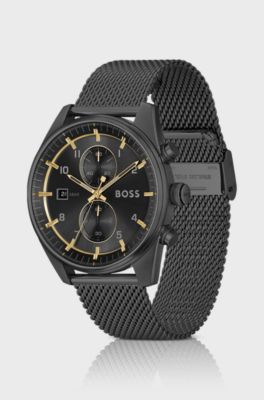 Black mesh-bracelet chronograph watch with tonal dial, Black
