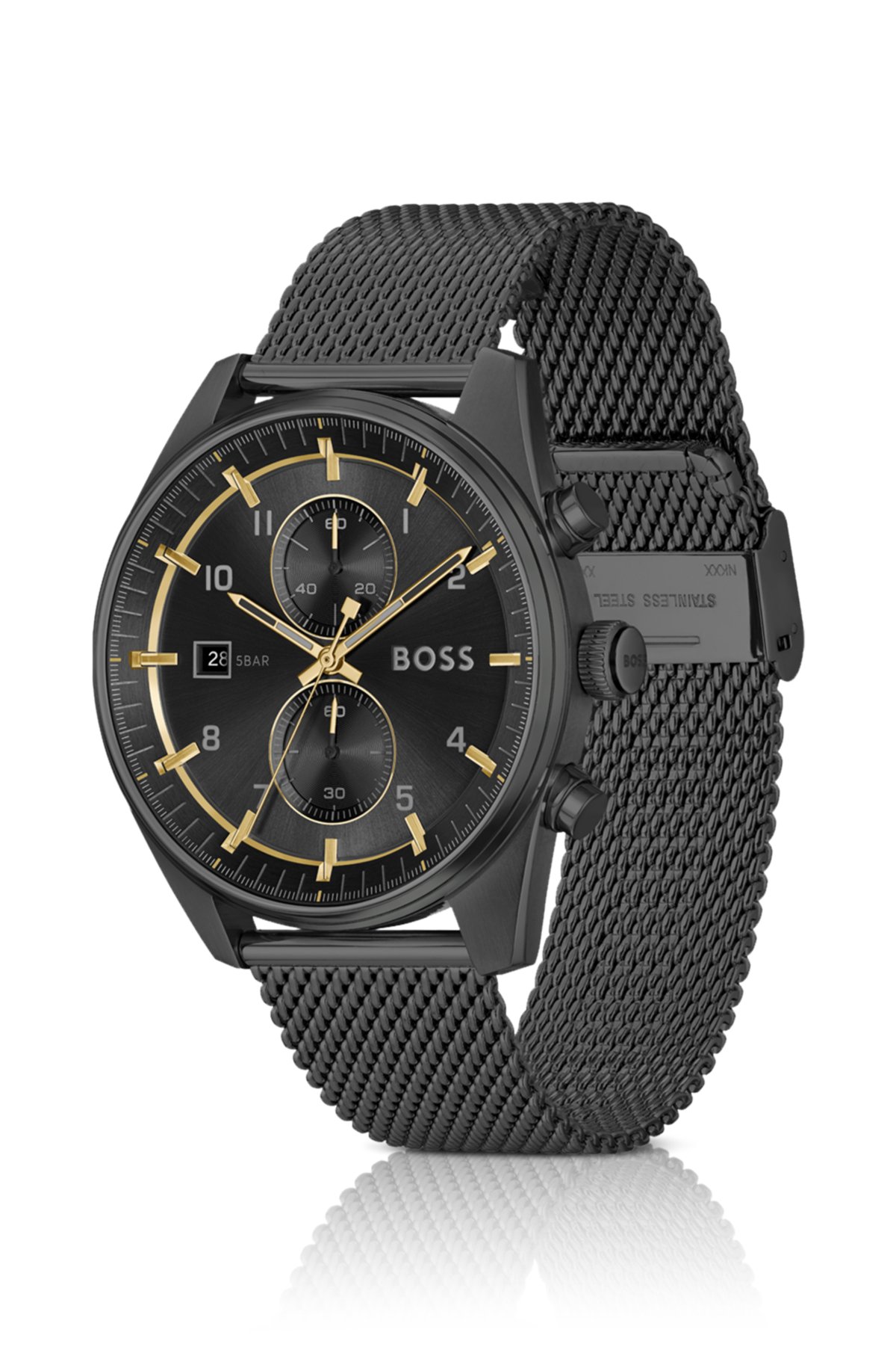 Black mesh-bracelet chronograph watch with tonal dial, Black