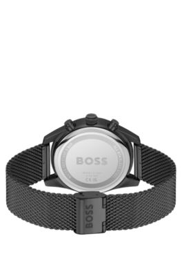 Black mesh-bracelet chronograph watch with tonal dial, Black