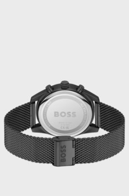 Black mesh-bracelet chronograph watch with tonal dial, Black