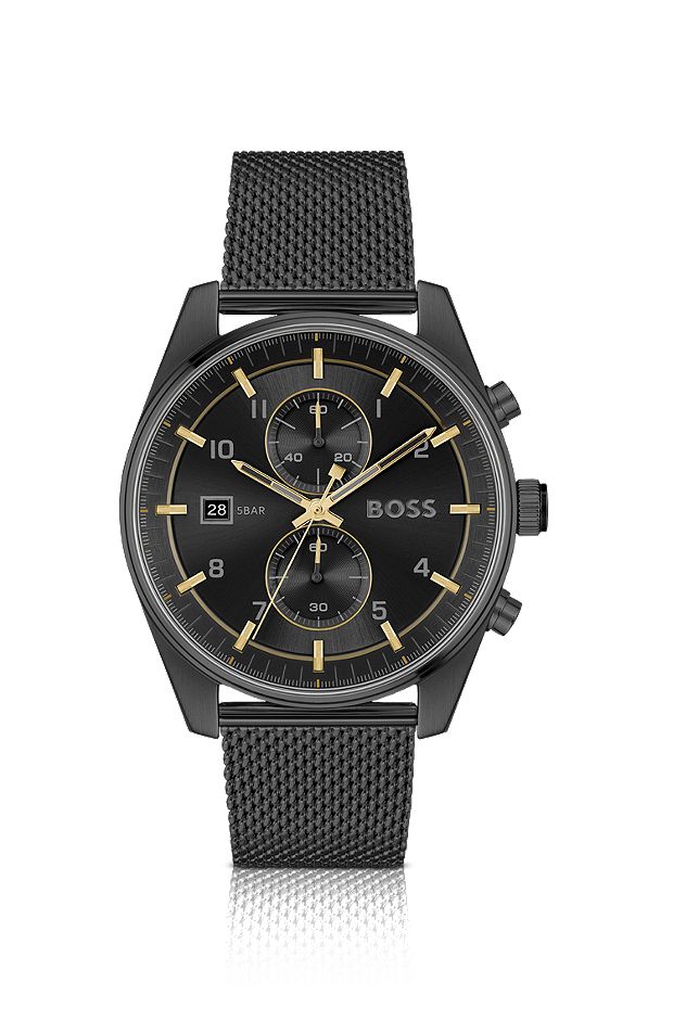 Black mesh-bracelet chronograph watch with tonal dial, Black
