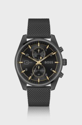 Black mesh-bracelet chronograph watch with tonal dial, Black