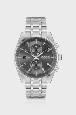 Link-bracelet chronograph watch with grey dial, Silver